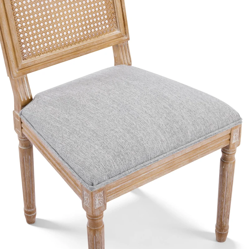 Set for 2 Dining Chair with Rectangular Cane Backrest and Padded Seat, Cane Back Dining Chairs with Fluted Legs, 20'' L x 22'' W x 39.5'' H, Light Grey