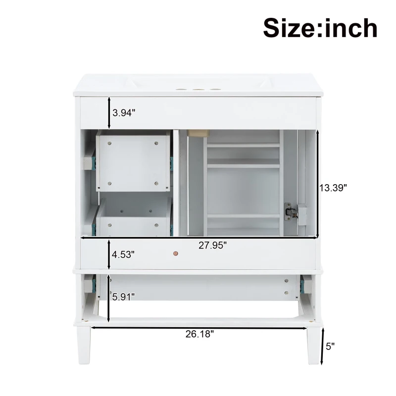 Solid Bathroom Vanity with Single Sink & Built-In Door Shelves, Free-Standing Cabinet with Partitioned Drawer, 30'' L x 18.5'' W x 34'' H, Black