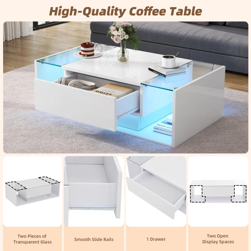 High-Gloss Coffee Table with Tempered Glass Storage, Compact Center Table with Semi-Open Shelf, 39.5″ L x 19.5″ W x 12″ H, White