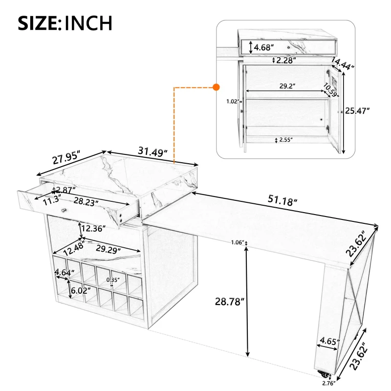 Modern Bar Table with 4-in-1 Extendable Pull-Out Table and Lockable Wheels, Kitchen Island with Adjustable Shelf, 82.5" L x 32.5" W x 28" H, White