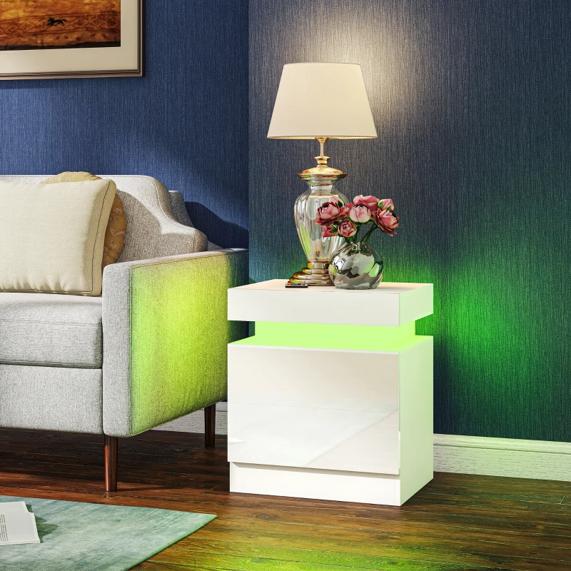 HOMCOM Nightstand Set of 2, End Side Tables with LED Lights, Bedside Tables with 2 Drawers, for Bedroom, White