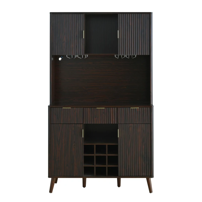 High Bar Cabinet with Smart LED Lighting (App & Music-Sync), Spacious Storage Cabinet with 9-Bottle Wine Rack, 42" L x 12" W x 72" H, Walnut