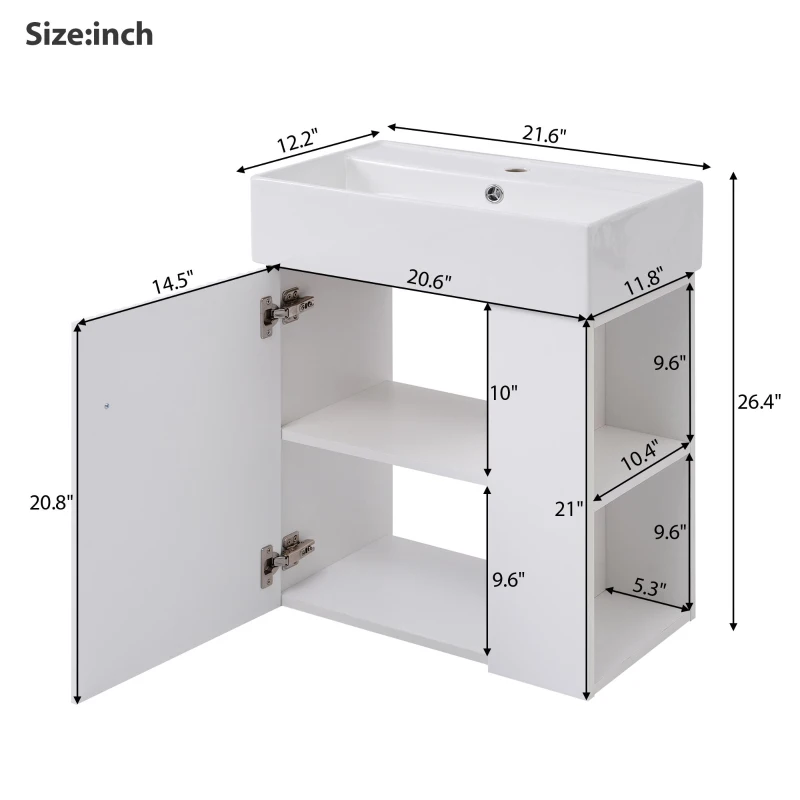 Modern Floating Bathroom Vanity with Ceramic Basin and Right Side Storage, Cabinet with Rose Gold Handle, 21.5" L x 12" W x 26.5" H, White