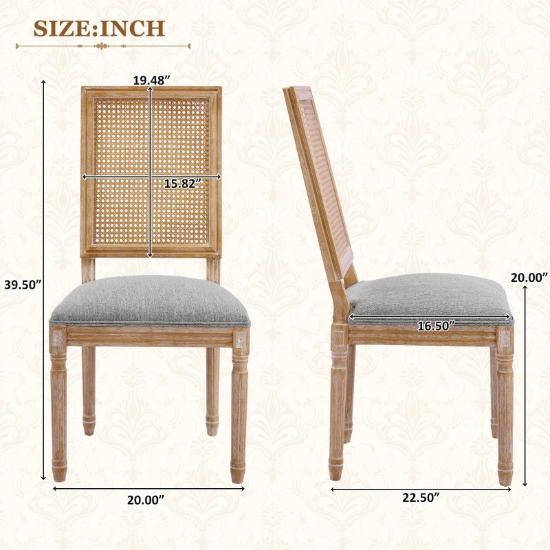 Set of 2 Dining Chairs with Padded Seats and Cane Backrest, Cane Back Dining seating with Rubberwood Frame, 20'' L x 22'' W x 39.5'' H, Grey+Green