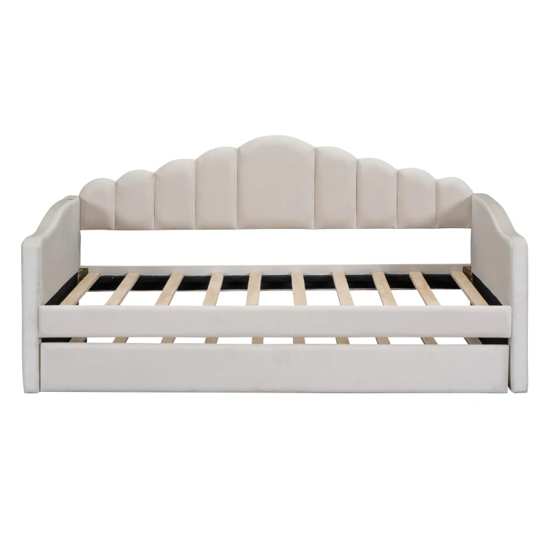 Twin Upholstered Daybed with Trundle and 2 USB Charging Ports, Velvet Sofa Bed with Side Storage Pockets, 80'' L x 42'' W x 40'' H, Beige