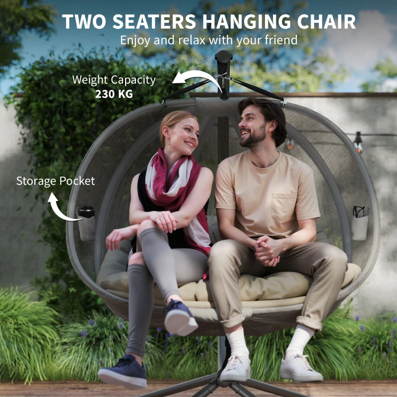 Outsunny Double Egg Chair with Stand, 2 Person Hanging Swing Egg Chair with Cushion, Pockets, Khaki