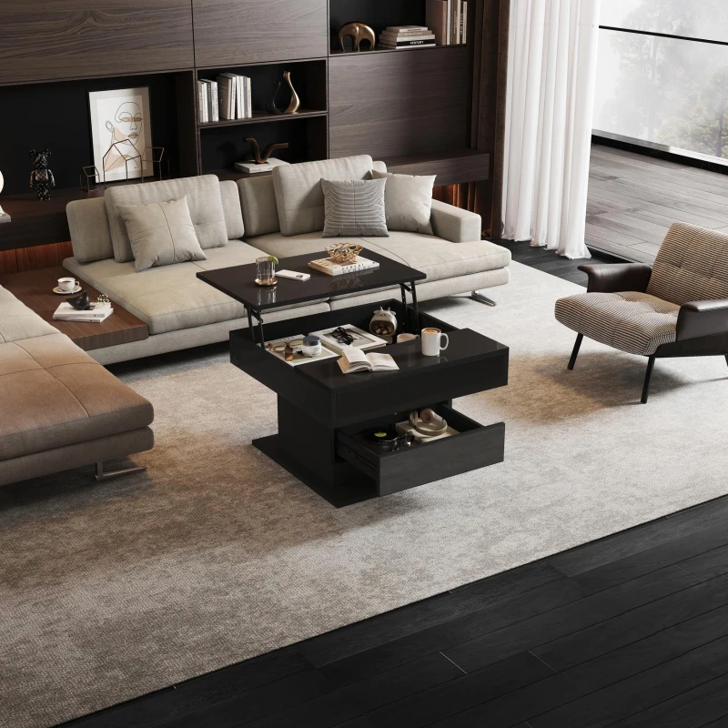 360° Rotating Lift-Top Coffee Table with Height-Adjustable Square Top, Modern Center Table with Hidden Storage, 27.5" L x 27.5" W x 17.5" H, Black