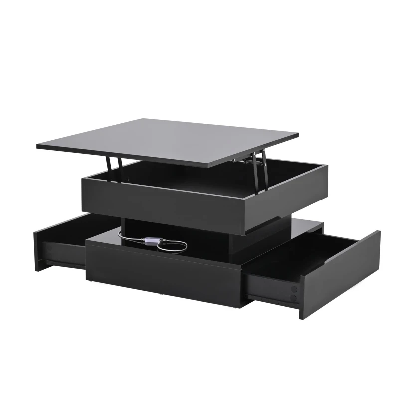 Lift-Top Coffee Table with App-Controlled LED Lighting and Liftable Top, Compact Center Table with 2 Drawers, 25.5" L x 25.5" W x 15" H, Black