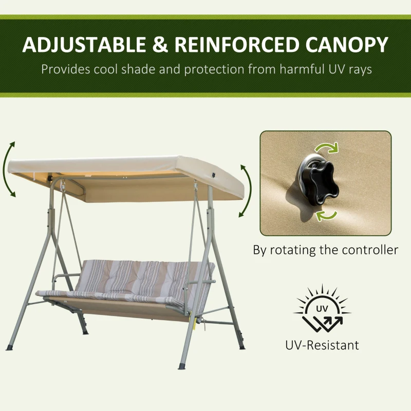 Outsunny 3-Seat Patio Swing Chair, Outdoor Porch Swing Glider with Adjustable Canopy, Light Brown