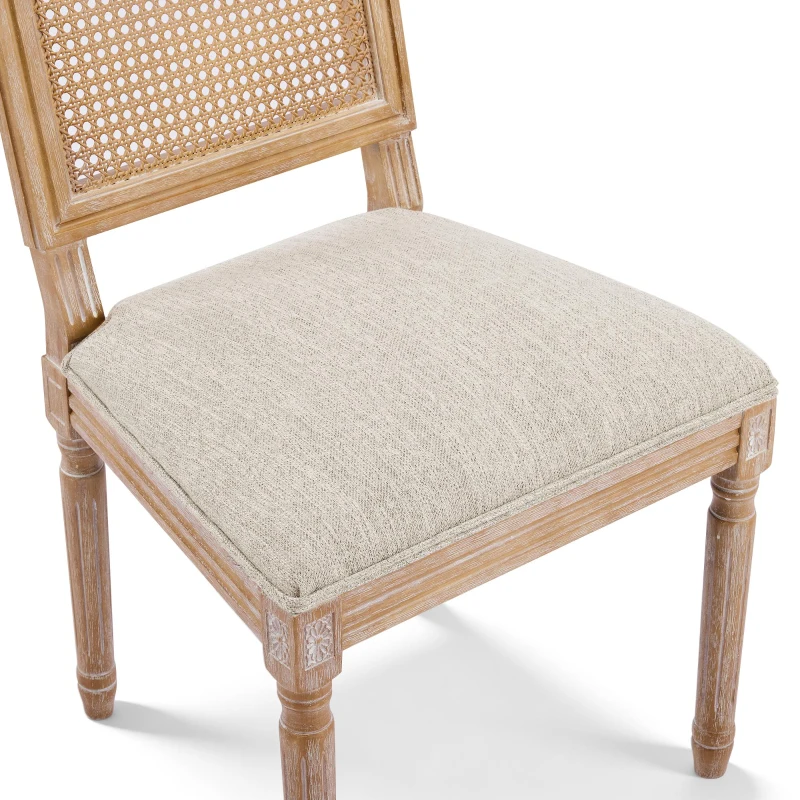 Set of 2 Dining Chairs with Rectangular Cane Backrest and Fluted Legs, Vintage Dining Seating with Rubberwood Frame, 20'' L x 22'' W x 39.5'' H, Beige