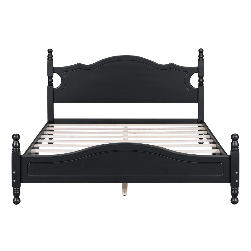 Queen Size Platform Bed with Retro Headboard and 10 Plywood Slats, Durable Bed Frame with Plywood Construction, 85'' L x 62.5'' W x 39.5'' H, Black