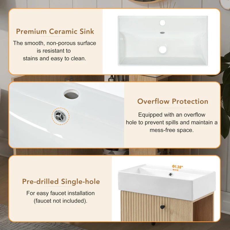 Modern Wall-Mounted Bathroom Vanity with Ceramic Basin, Space-Saving Floating Cabinet for Compact Bathrooms, 21.5'' L x 12'' W x 26.5'' H, Wood
