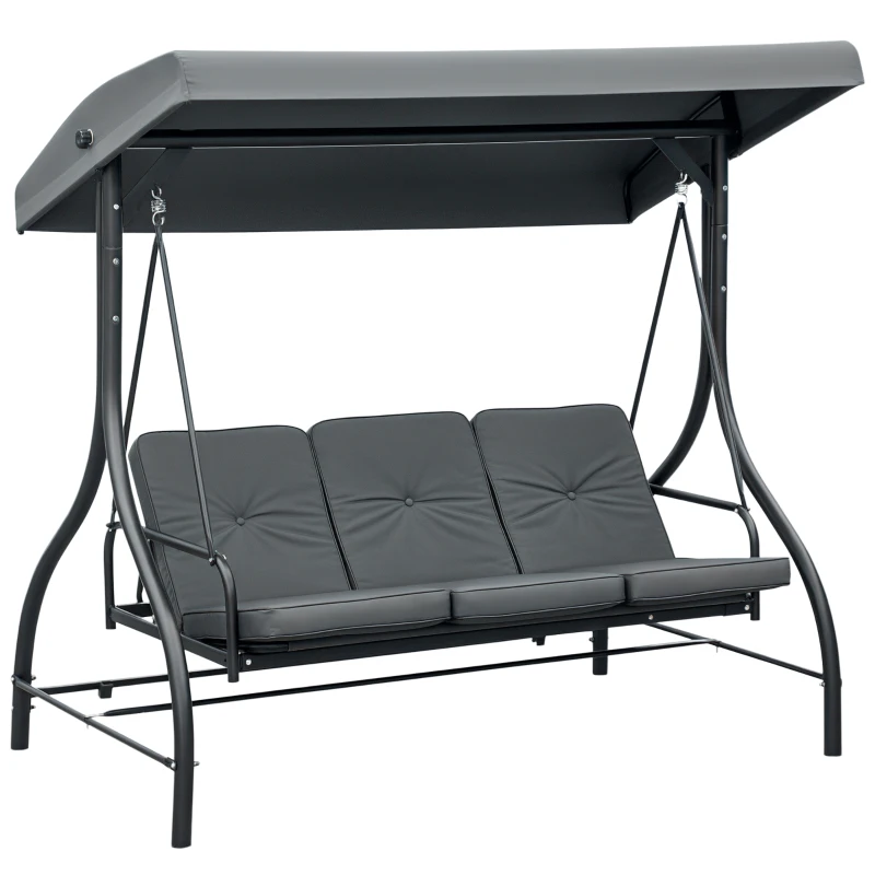 Outsunny Convertible Patio Swing Bed with Canopy and Cushions, 3 Seater Porch Swing for Outdoor, Backyard, Garden, Dark Grey