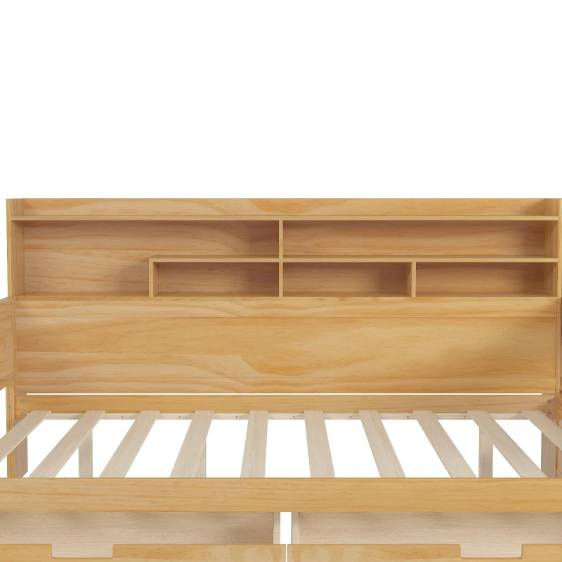 Wooden Full Size Daybed with Built-In Study Desk and 2 Storage Drawers, Space-Saving Guest Bed with Side Shelving, 91.5'' L x 65'' W x 45'' H, Natural