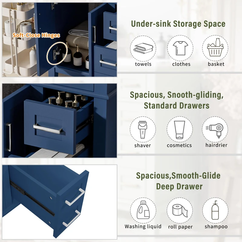 Free-Standing Bathroom Vanity with Ceramic Undermount/Drop-In Sink, Modern Storage Cabinet for Small Condos, 30'' L x 18'' W x 34'' H, Navy Blue