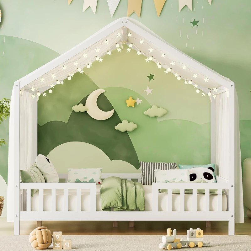Full-Size Montessori Floor Bed with Canopy and Sturdy Pine, House-Style Platform Bed for Kids' Rooms, 78.5'' L x 56.5'' W x 78'' H, White