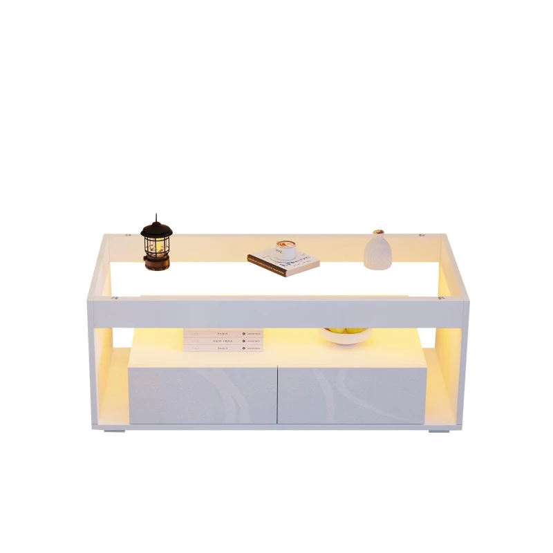 High-Gloss Coffee Table with App-Controlled RGB LED Strip, Spacious Center Table with Open Double-Layer Storage, 39.5" L x 19.5" W x 15.5" H, White