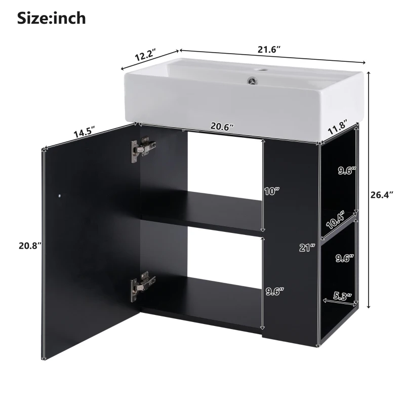 Modern Floating Bathroom Vanity with Ceramic Basin and Right Side Storage, Cabinet with Gold Handle, 21.5" L x 12" W x 26.5" H, Black+White