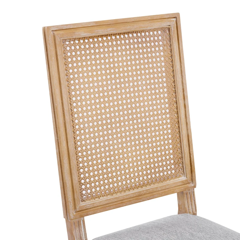Set for 2 Dining Chair with Rectangular Cane Backrest and Padded Seat, Cane Back Dining Chairs with Fluted Legs, 20'' L x 22'' W x 39.5'' H, Light Grey