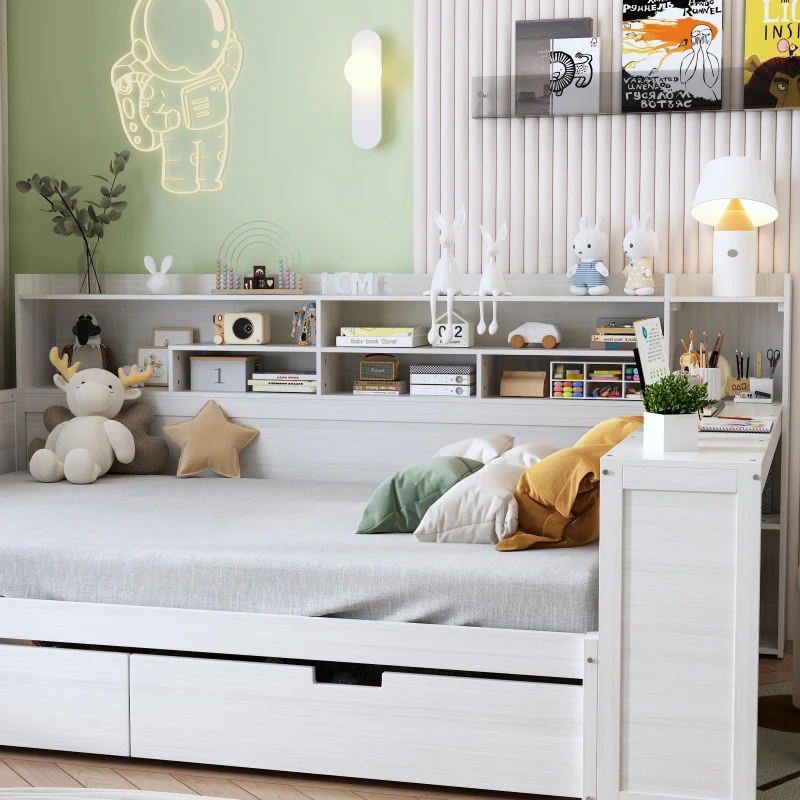 Full Size Daybed with 2 Large Drawers and Built-In Study Desk, Space-Saving Guest Bed with Side Storage Shelves, 91.5'' L x 65'' W x 45'' H, Antique White