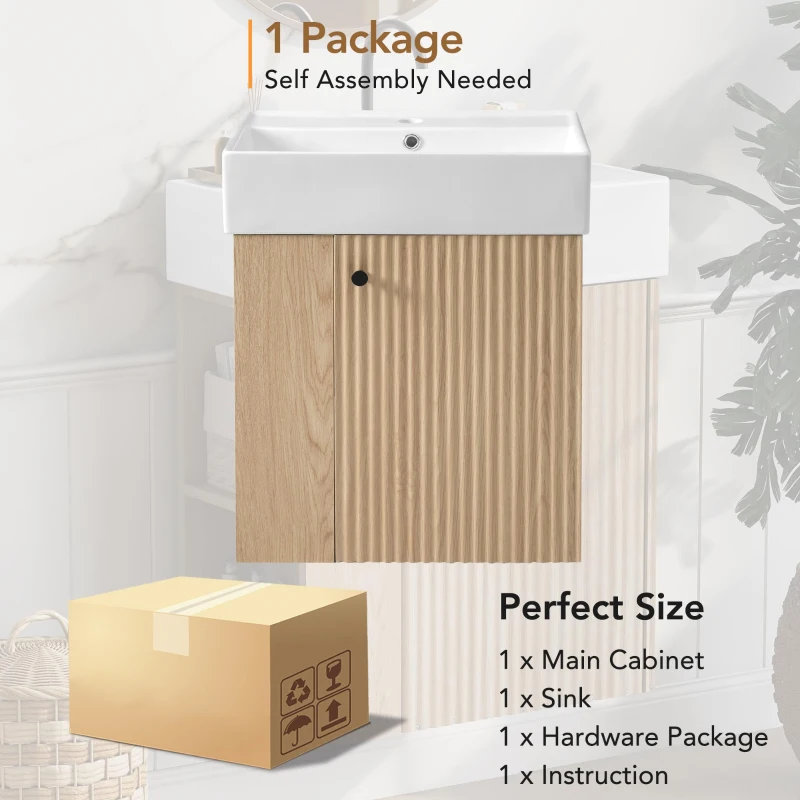 Space-Saving Floating Bathroom Vanity with Ceramic Basin, Wall-Mounted Cabinet for Compact Washroom, 21.5'' L x 12'' W x 26.5'' H, Wood