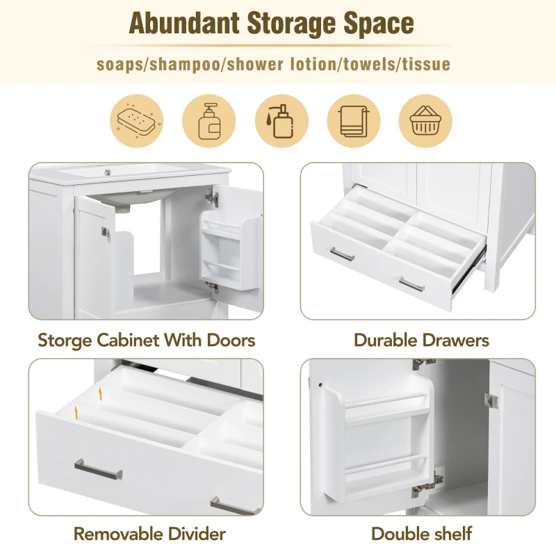 30" Bathroom Vanity with Single Sink, Solid Wood Frame, Multifunctional Storage Cabinet with Soft-Close Doors, 30" L x 18.5" W x 34" H, White