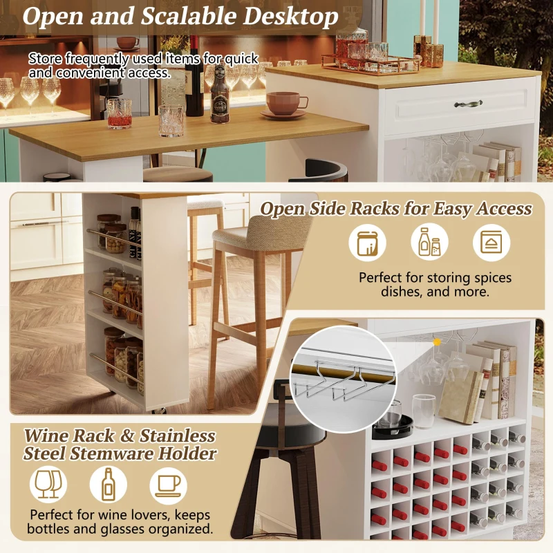 Stylish Mobile Bar Table with Extendable Countertop, Spacious Kitchen Counter with Storage Shelf, 73″ L x 27.5″ W x 41.5″ H, White+Natural