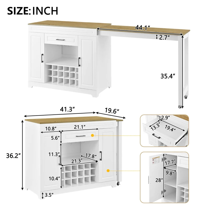 Expandable Bar Table with Adjustable Shelves and Rear Casters, Versatile Kitchen Counter with 2 Doors, 87.5″ L x 19.5″ W x 36″ H, White+Natural