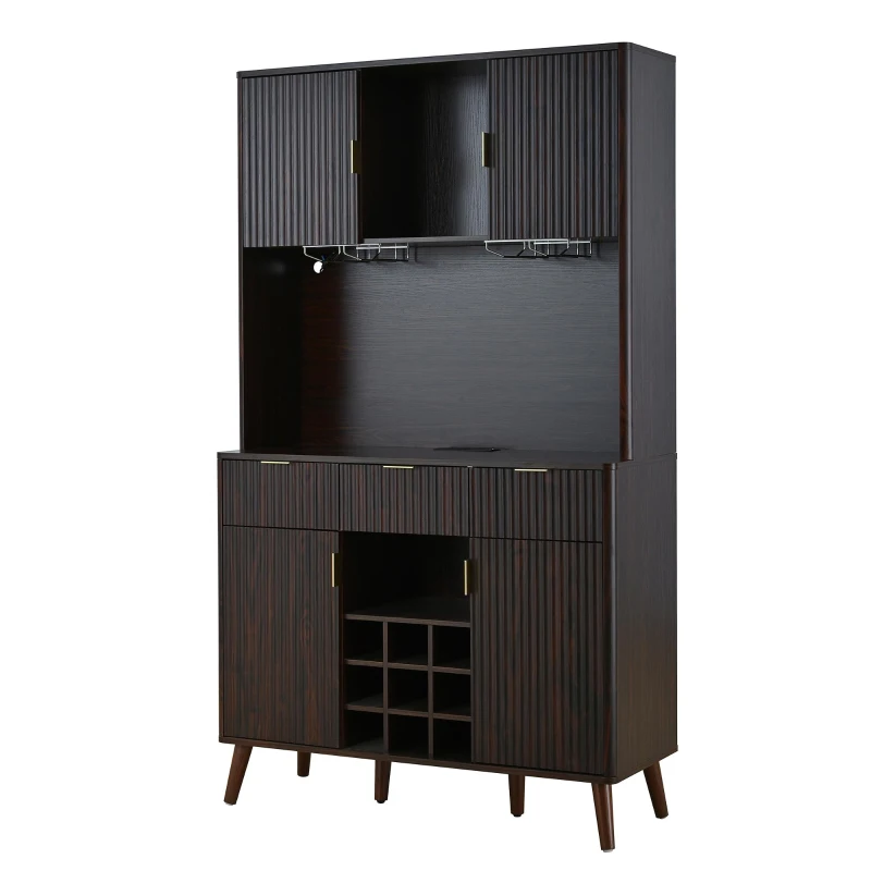 High Bar Cabinet with Smart LED Lighting (App & Music-Sync), Spacious Storage Cabinet with 9-Bottle Wine Rack, 42" L x 12" W x 72" H, Walnut