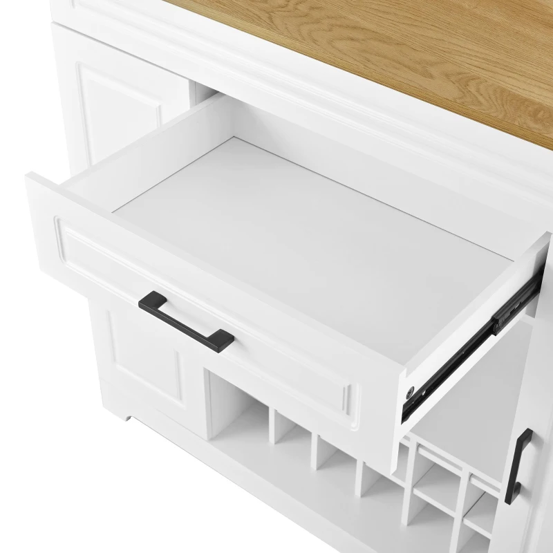 Expandable Bar Table with Adjustable Shelves and Rear Casters, Versatile Kitchen Counter with 2 Doors, 87.5″ L x 19.5″ W x 36″ H, White+Natural