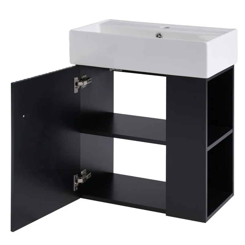 Modern Floating Bathroom Vanity with Ceramic Basin and Right Side Storage, Cabinet with Gold Handle, 21.5" L x 12" W x 26.5" H, Black+White