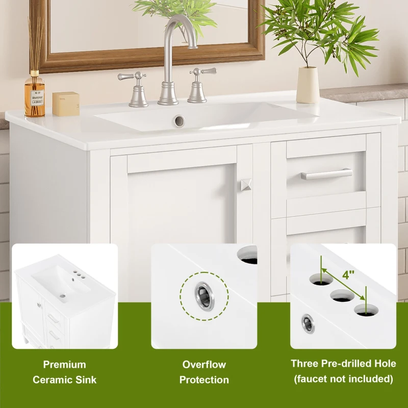 Solid Bathroom Vanity with Single Sink & Built-In Door Shelves, Free-Standing Cabinet with Partitioned Drawer, 30'' L x 18.5'' W x 34'' H, Black