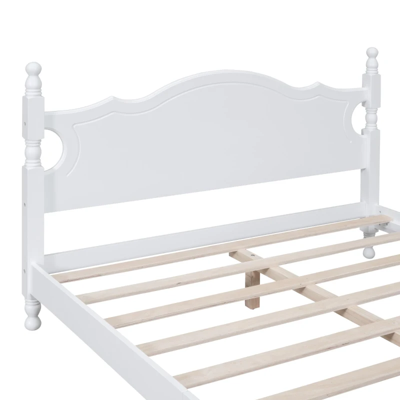 Queen Size Wood Platform Bed with Retro Headboard and 10 Slats, White Wood-Finished Bed Frame with Plywood, 85'' L x 62.5'' W x 39.5'' H, White