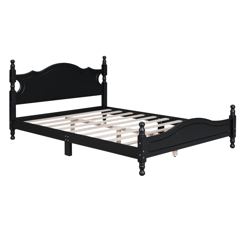 Queen Size Platform Bed with Retro Headboard and 10 Plywood Slats, Durable Bed Frame with Plywood Construction, 85'' L x 62.5'' W x 39.5'' H, Black