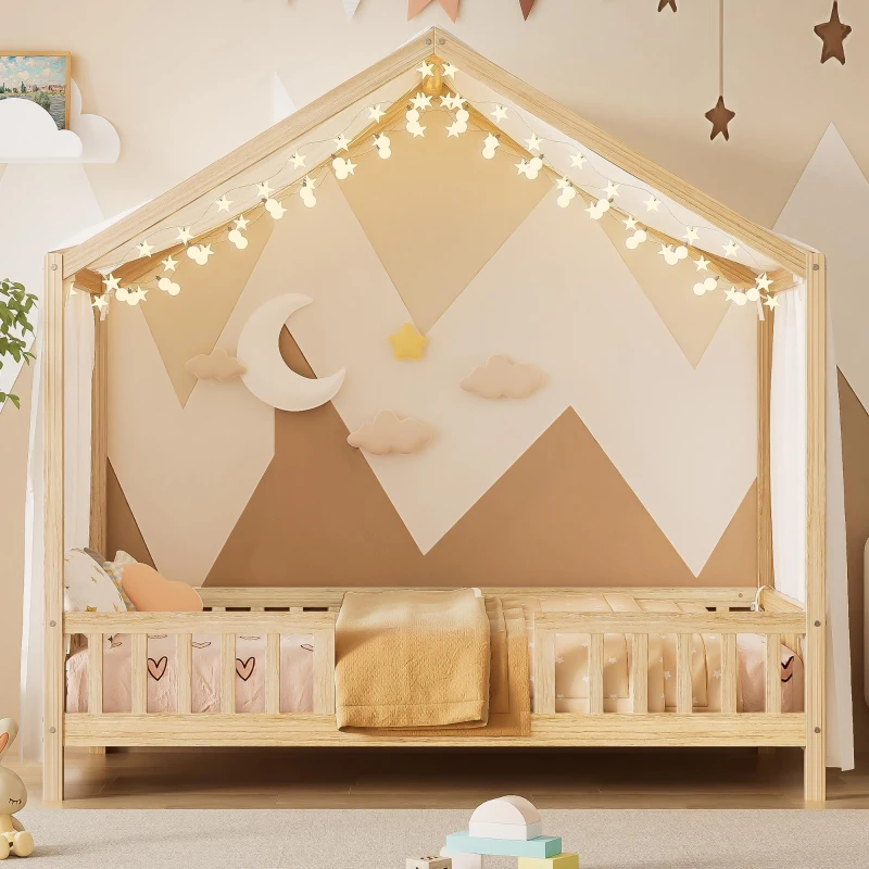 Twin House-Style Toddler Bed with Full Guardrails and DIY Canopy Frame, Montessori Floor Bed with Canopy, 78.5'' L x 41.5'' W x 78'' H, Natural