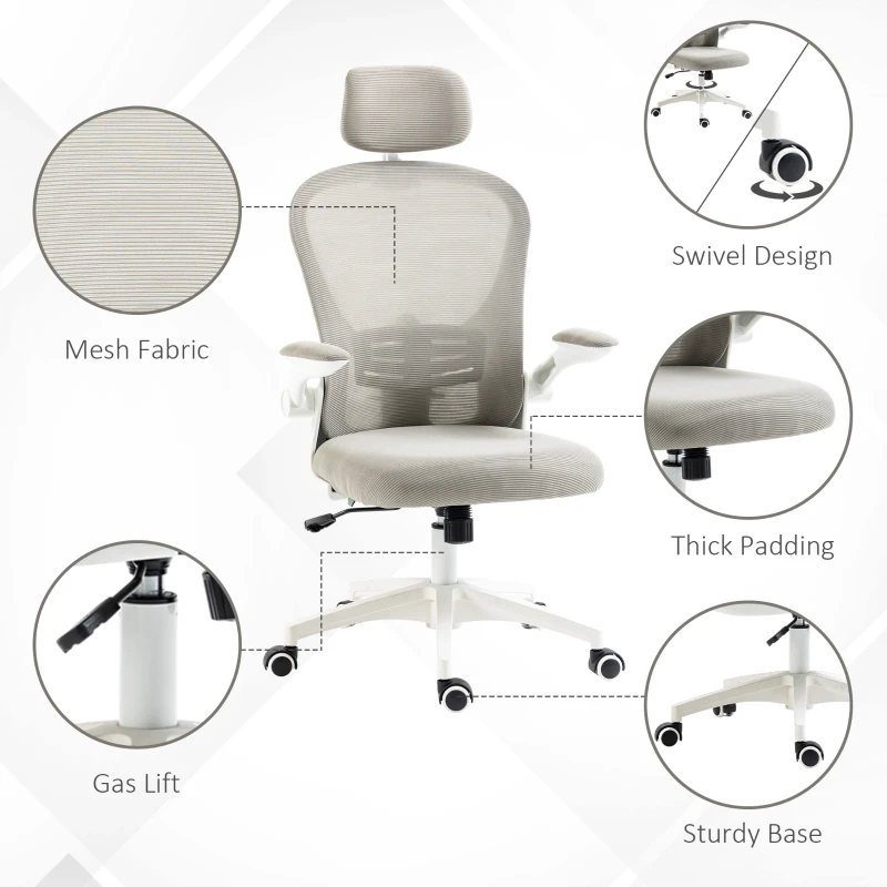 Vinsetto Office Chair, Mesh Computer Desk Chair with Adjustable Headrest, 4D Lumbar Support, Flip-up Arm, Grey
