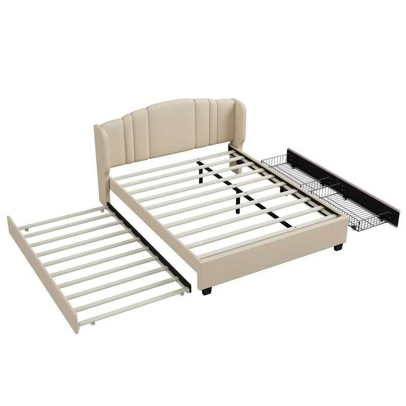 Upholstered Queen Platform Bed with Wingback Headboard and 2 Storage Drawers, Multi-Functional Bed Frame with Wood Slat, 86'' L x 65'' W x 43'' H, Beige