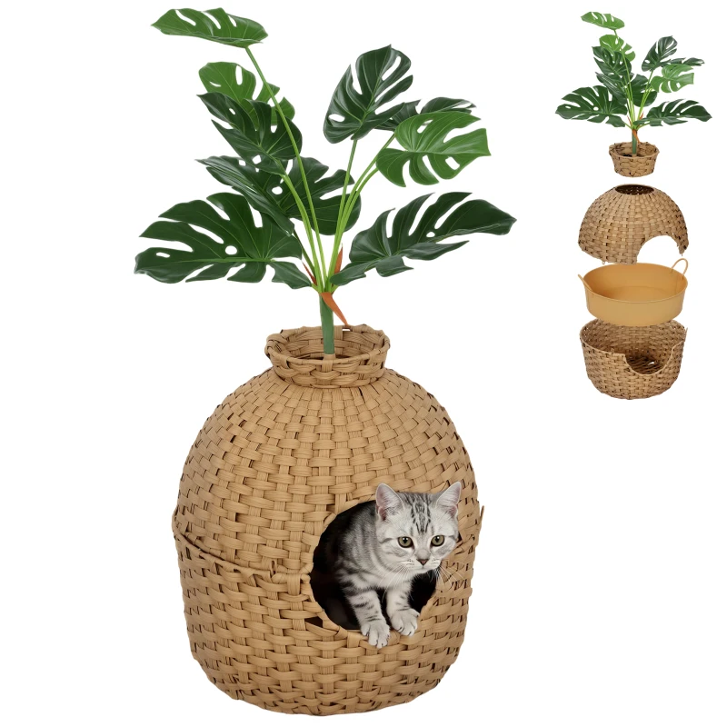 PawHut Hidden Cat Litter Box Enclosure with Faux Plant & Stainless Steel Tray for Bedroom, Living Room, Corner