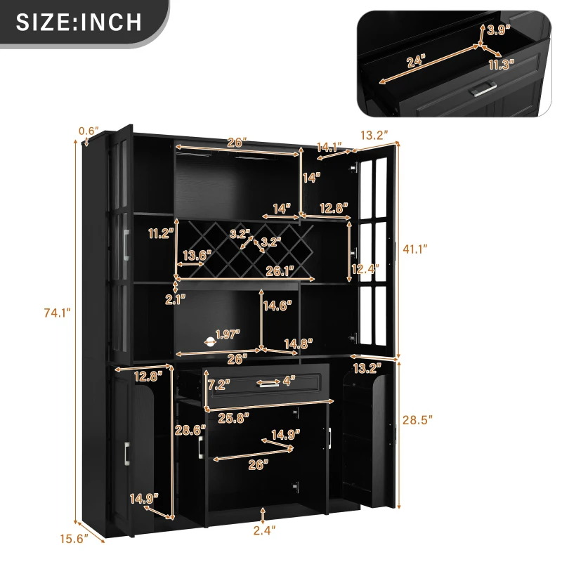 Tall Wine Cabinet with Wine Rack and Stemware Holder, 4-Door Storage Cabinet with Semi-Open Shelf, 52" L x 15.5" W x 74" H, Black