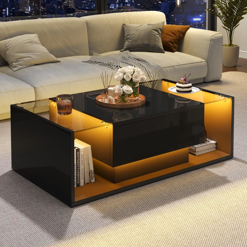 High-Gloss Coffee Table with Tempered Glass Storage, Compact Center Table with Semi-Open Shelf, 39.5″ L x 19.5″ W x 12″ H, Black