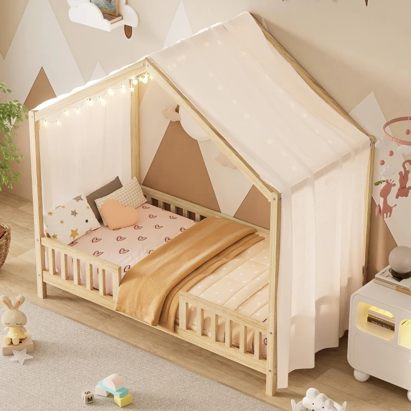 Twin House-Style Toddler Bed with Full Guardrails and DIY Canopy Frame, Montessori Floor Bed with Canopy, 78.5'' L x 41.5'' W x 78'' H, Natural