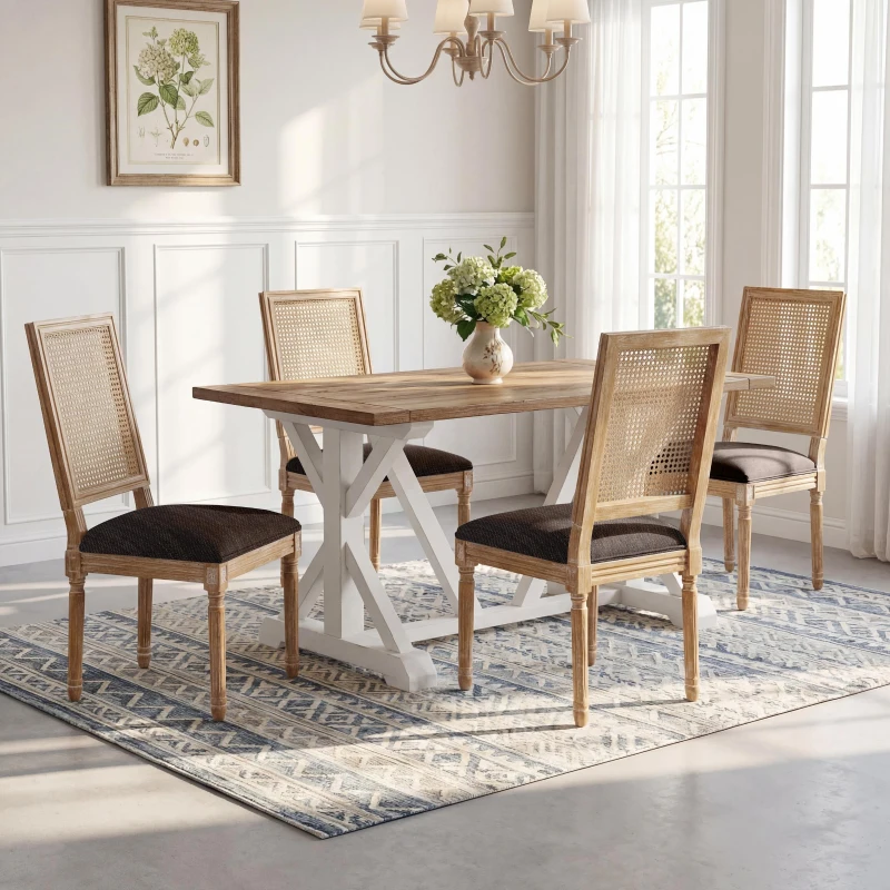 Set for 2 Dining Chairs with Rectangular Cane Backrest and Padded Seat, Cane Back Dining Seating with Fluted Legs, 20'' L x 22'' W x 39.5'' H, Brown