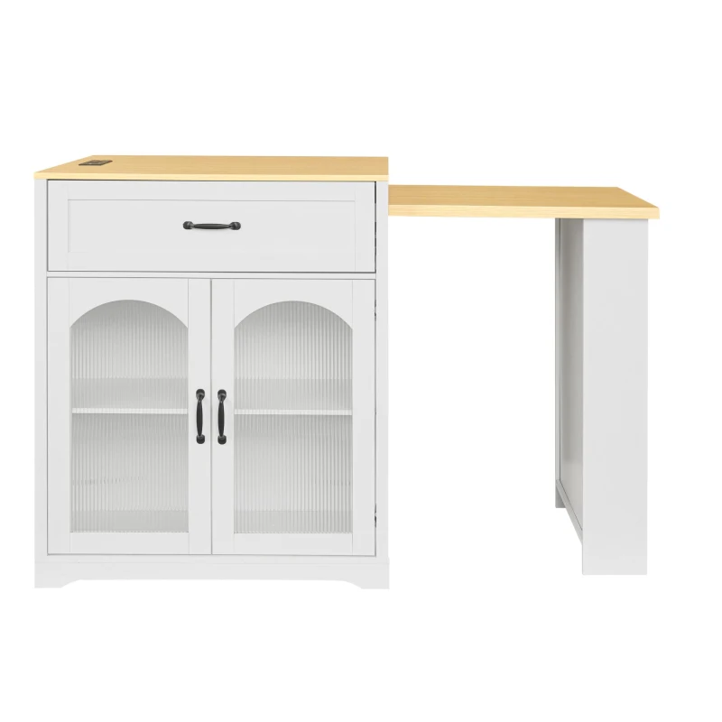 Practical Bar Table with Extendable Rolling Foldable Top, Solid Kitchen Island with Double-Sided Drawers, 82.5" L x 27.5" W x 38.5" H, White+Natural