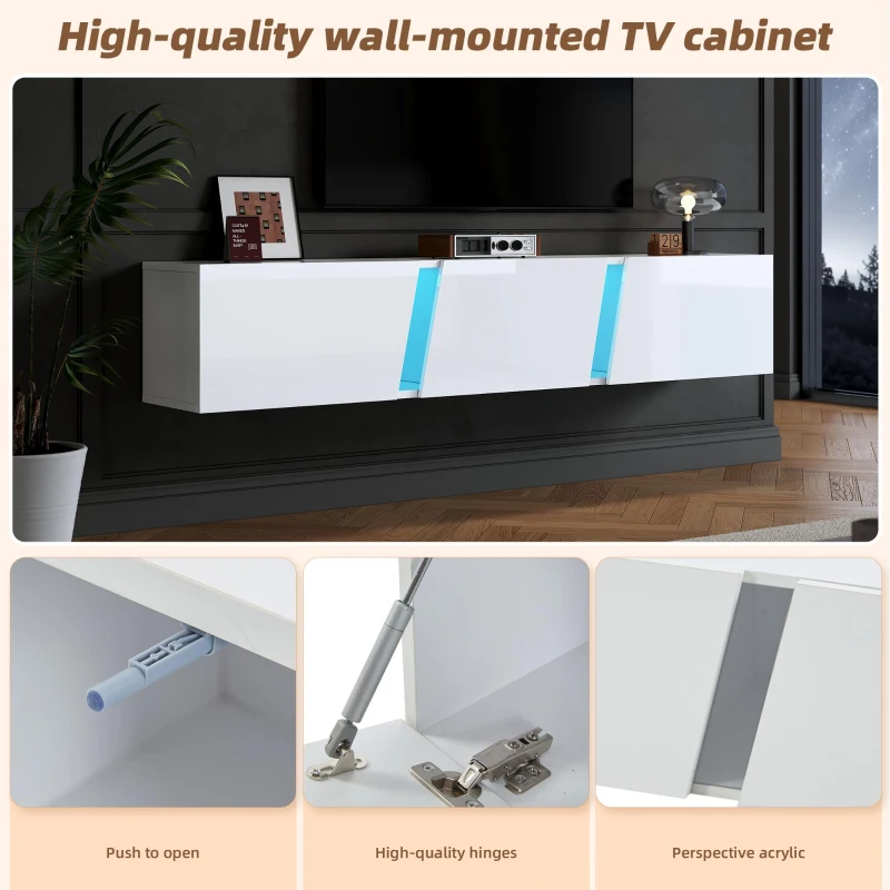 Wall-Mounted TV Stand with App-Controlled LED, Space-Saving TV Cabinet with Translucent Acrylic Panel, 65" L x 13.5" W x 12" H, White
