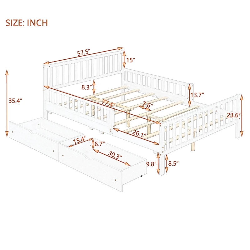 Full Size Wood Platform Bed with 2 Under-Bed Storage Drawers, Solid Bed Frame with Guardrails on Both Sides, 77.5'' L x 57.5'' W x 34.5'' H, Grey