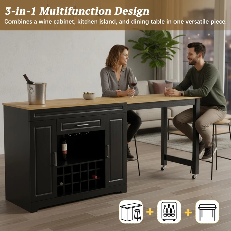 Expandable Bar Table with Adjustable Shelves and Rear Casters, Versatile Kitchen Counter with 2 Doors, 87.5″ L x 19.5″ W x 36″ H, Black+Natural