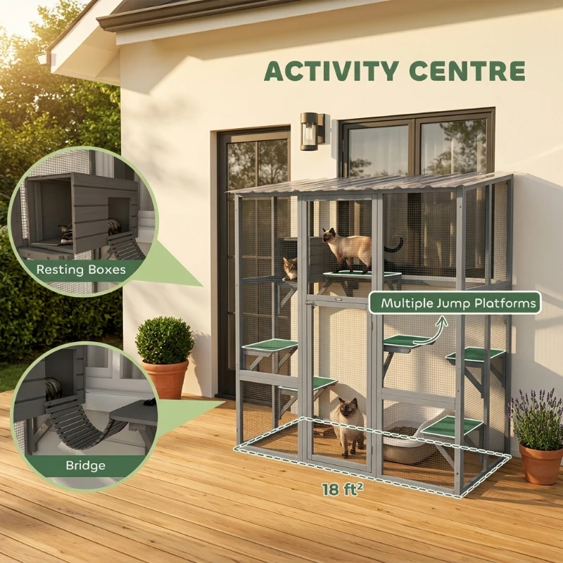 PawHut Catio Outdoor Cat Enclosure, Window Box Wooden Cat House with Bridge Platforms, Gray