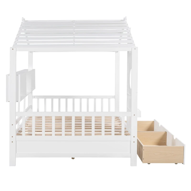 Full Size House Bed with Playful Pitched-Roof and Back Shelf, Wooden House Bed Frame with Sturdy Pine, 78'' L x 58'' W x 72'' H, White