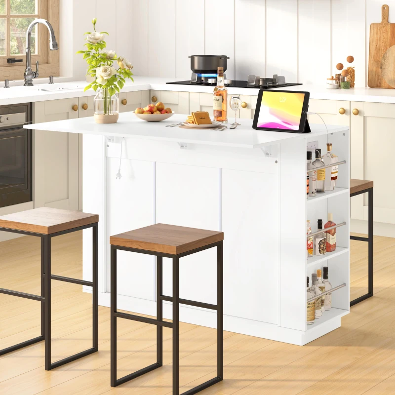Counter-Height Kitchen Island with Built-In Power Outlet, Versatile Center Island with Wine Stemware Holder, 47" L x 15.5" W x 34.5" H, White