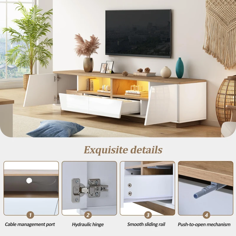Stylish TV Cabinet with App-Controlled LED Lighting and High-Gloss Front, Freestanding TV Stand with 2 Drawers, 65" L x 15.5" W x 17.5" H, White